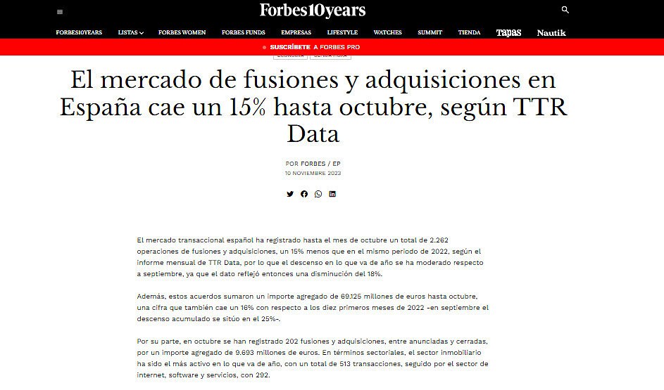 El mercado de fusiones y adquisiciones en Espaa cae un 15% hasta octubre, segn TTR Data